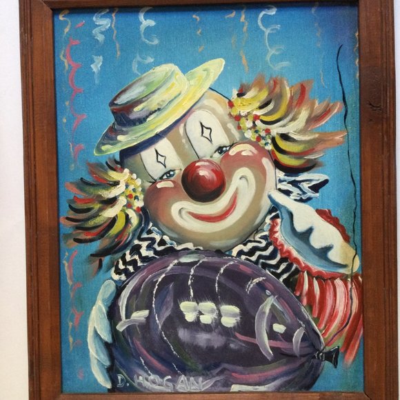 Donna Hogan 1988 oil painting on canvas board clown balloon solid wood frame - Picture 5 of 6